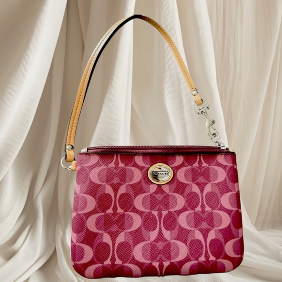 Coach Logo Wristlet Mini Bag, Maroon/Pink, Swivel-Snap Clip Card Holder Inside - Picture 11 of 12